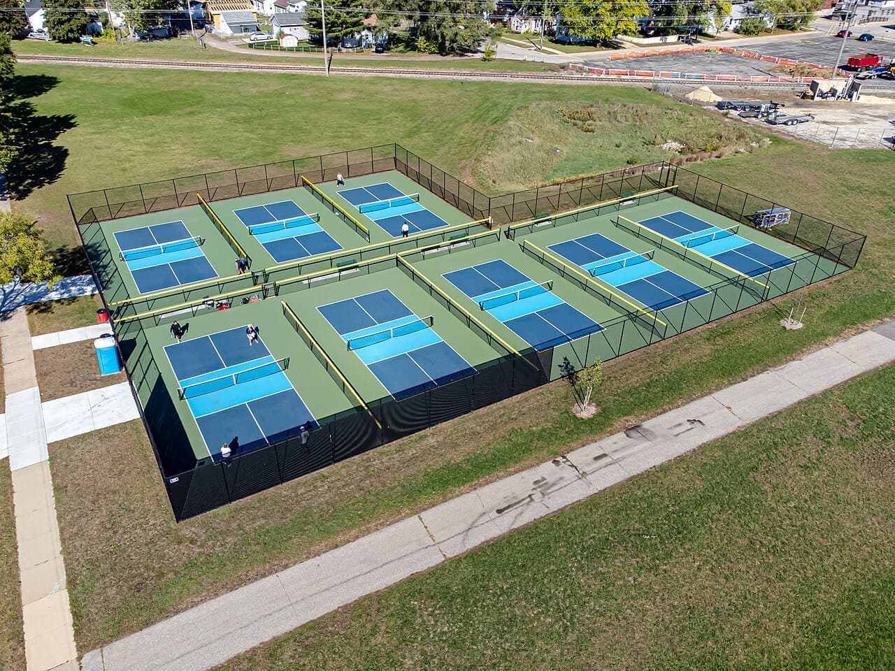 Empty outdoor pickleball courts with nets in La Crosse, Wisconsin.